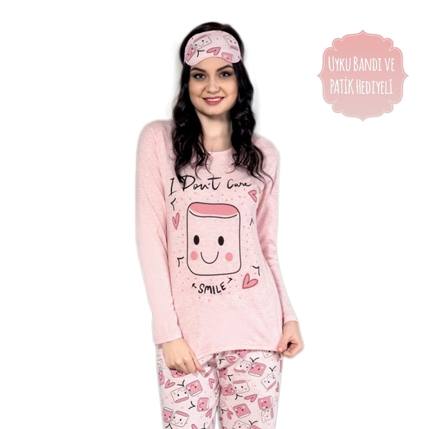 Smile Desenli Uzun Kollu Bayan Pijama - 2