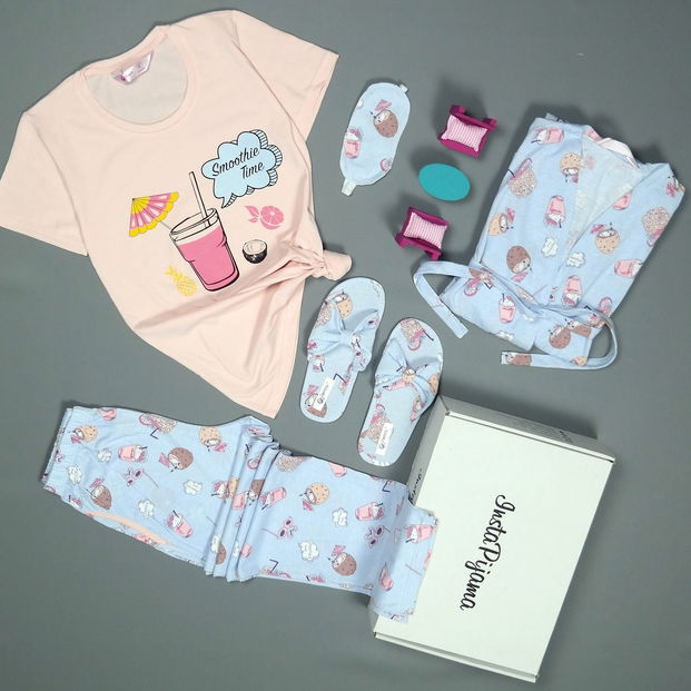 Smoothie Desenli Sabahlıklı Pijama Takımı - 2