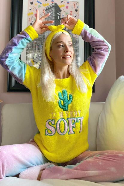 Soft Desenli Kadın Peluş Polar Pijama Takımı - 1