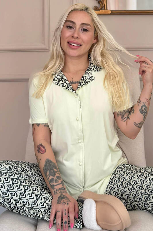 Soft Lemon Wave Exclusive Önden Düğmeli Kadın Pijama Takımı - Pijamaevi
