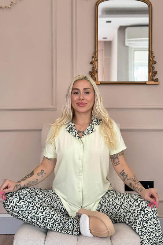 Soft Lemon Wave Exclusive Önden Düğmeli Kadın Pijama Takımı - Pijamaevi (1)