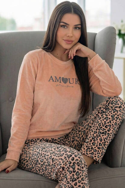Somon Amour Desenli Veloura Soft Kadın Pijama Takımı  