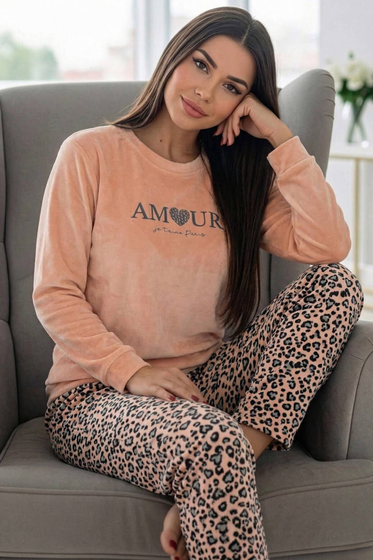 Somon Amour Desenli Veloura Soft Kadın Pijama Takımı  - Pijamaevi (1)