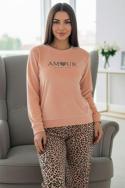 Somon Amour Desenli Veloura Soft Kadın Pijama Takımı  - 5