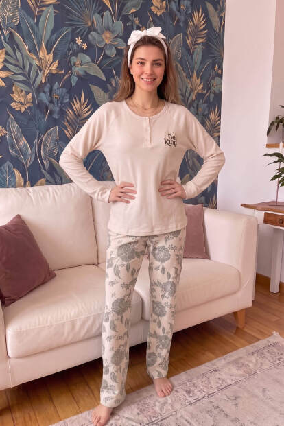 Somon Be Kind Desenli Waffle Soft Uzun Kollu Kadın Pijama Takım - 6