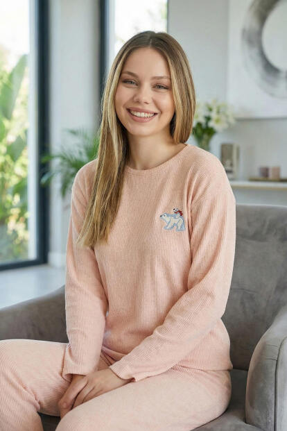 Somon Bear Desenli Uzun Kollu Seul Örme Kadın Pijama Takımı - 2