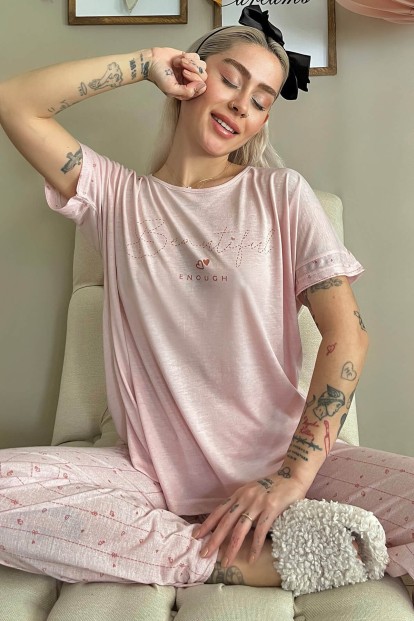 Somon Beautiful Baskılı Örme Kısa Kollu Kadın Pijama Takımı - 1