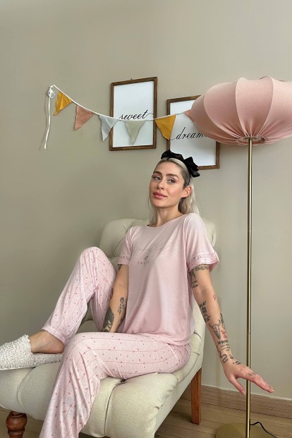 Somon Beautiful Baskılı Örme Kısa Kollu Kadın Pijama Takımı - 3