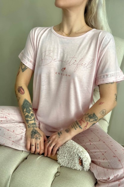 Somon Beautiful Baskılı Örme Kısa Kollu Kadın Pijama Takımı - 4