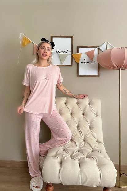 Somon Beautiful Baskılı Örme Kısa Kollu Kadın Pijama Takımı - 5