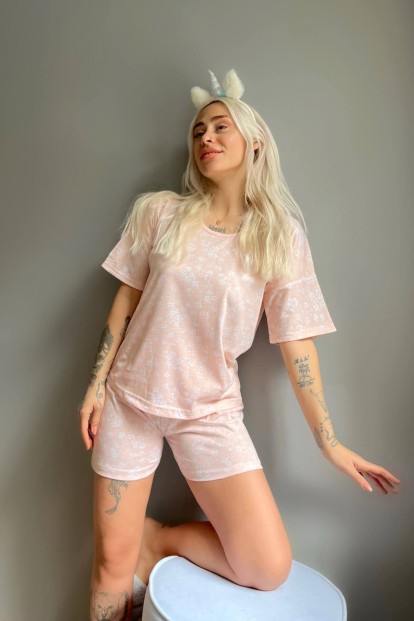 Somon Blatt Baskılı Şortlu Kadın Pijama Takımı - 3
