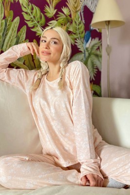 Somon Blatt Baskılı Uzun Kol Kadın Pijama Takımı - 1