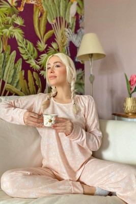 Somon Blatt Baskılı Uzun Kol Kadın Pijama Takımı - 3