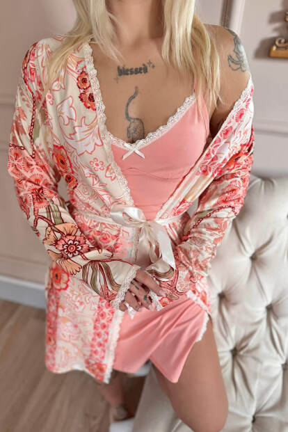 Somon Blush Exclusive Örme Sabahlıklı Gecelik Kadın Pijama Takımı - 5