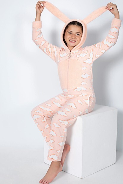 Somon Bulut Desenli Kız Çocuk Polar Peluş Tulum Pijama - 3