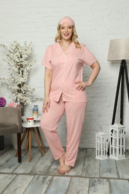 Somon Çizgili Önden Düğmeli Kısa Kollu Büyük Beden Battal Pijama Takımı - 1