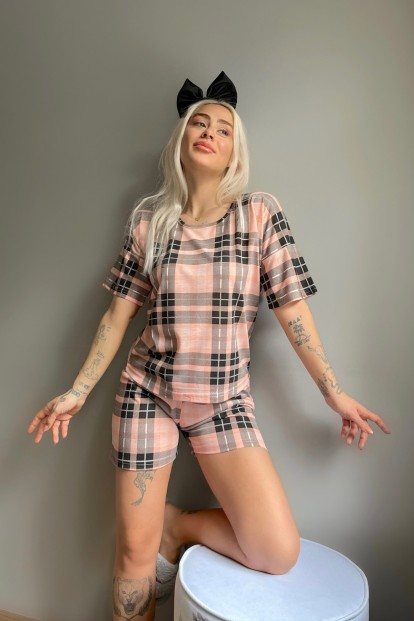 Somon Ekose Baskılı Şortlu Kadın Pijama Takımı - 2