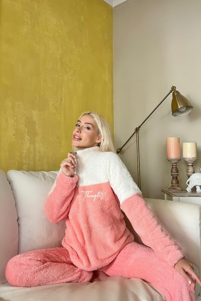 Somon Fermuar Detaylı Tam Peluş Pijama Takımı - 2