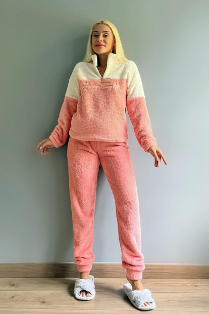 Somon Fermuar Detaylı Tam Peluş Pijama Takımı - 5