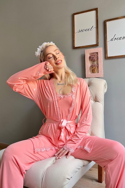Somon Heart Desenli Bambu Sabahlıklı Kadın Pijama Seti - 2