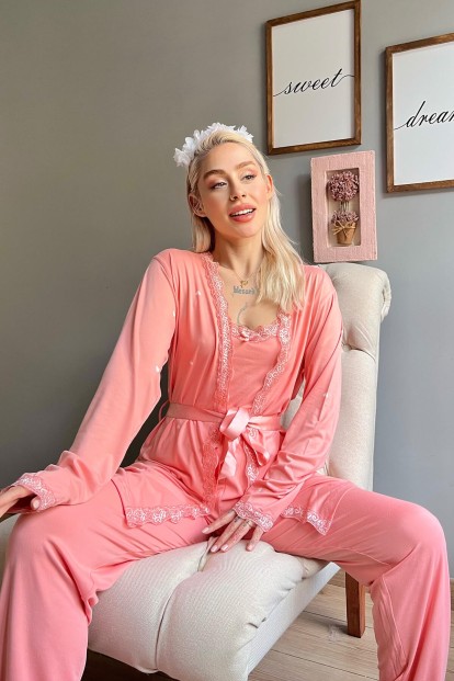 Somon Heart Desenli Bambu Sabahlıklı Kadın Pijama Seti - 3