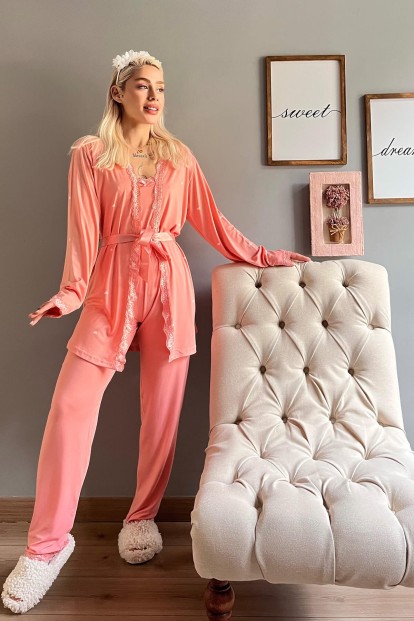 Somon Heart Desenli Bambu Sabahlıklı Kadın Pijama Seti - 5