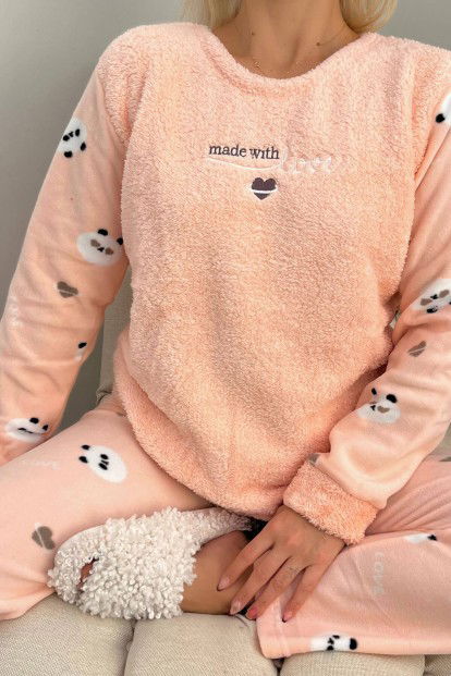Somon Heart Love Desenli Kadın Peluş Pijama Takımı - 4