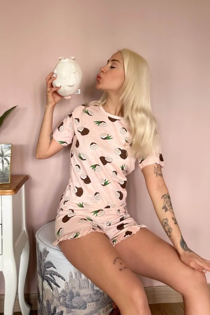 Somon Hindistan Cevizi Baskılı Şortlu Kadın Pijama Takımı - 2