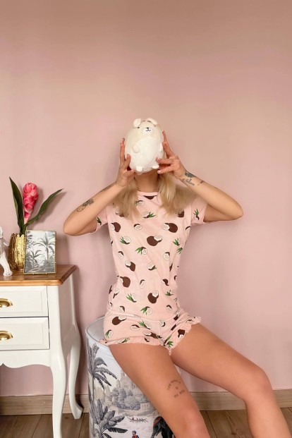 Somon Hindistan Cevizi Baskılı Şortlu Kadın Pijama Takımı - 3