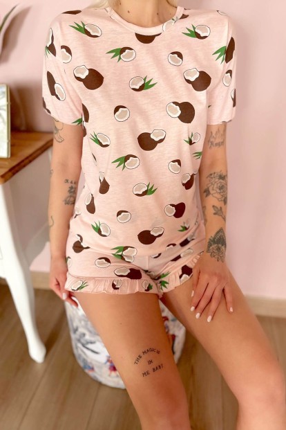 Somon Hindistan Cevizi Baskılı Şortlu Kadın Pijama Takımı - 4