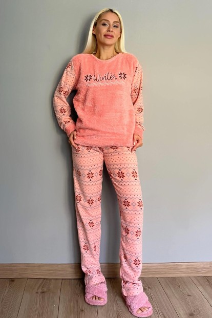 Somon It's Winter Desenli Kadın Peluş Pijama Takımı - 4