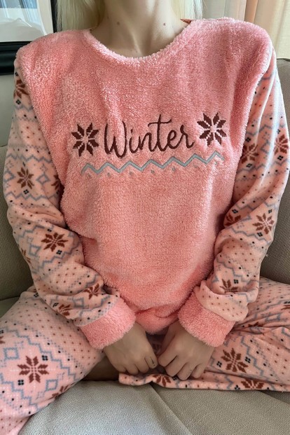 Somon It's Winter Desenli Kadın Peluş Pijama Takımı - 5