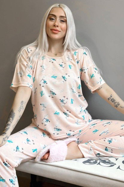 Somon Kaktüs Lama Baskılı Kısa Kollu Kadın Pijama Takımı - 1