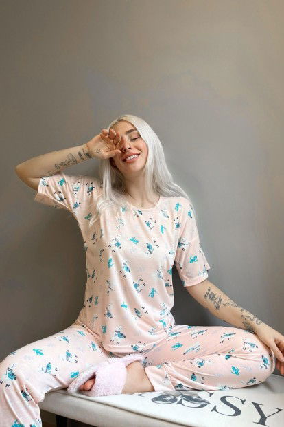 Somon Kaktüs Lama Baskılı Kısa Kollu Kadın Pijama Takımı - 2