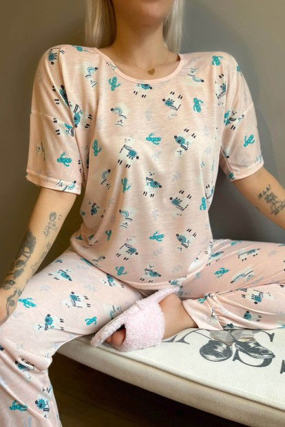 Somon Kaktüs Lama Baskılı Kısa Kollu Kadın Pijama Takımı - 3