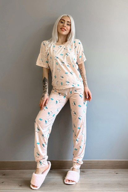 Somon Kaktüs Lama Baskılı Kısa Kollu Kadın Pijama Takımı - 4