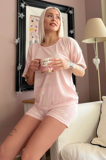 Somon Kalp Baskılı Şortlu Kadın Pijama Takımı - 1