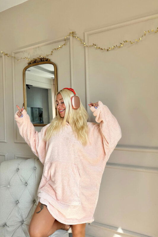 Somon Kapşonlu Tam Peluş Oversize Sweat Panço Pijama - Pijamaevi (2)