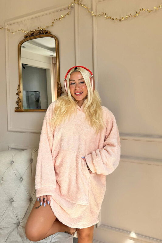 Somon Kapşonlu Tam Peluş Oversize Sweat Panço Pijama - Pijamaevi (3)