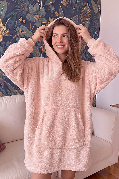 Somon Kapşonlu Tam Peluş Oversize Sweat Panço Pijama - 3