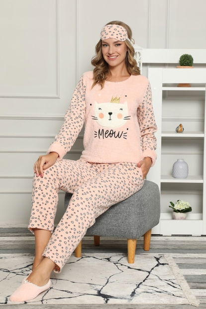 Somon Kedi Desenli Kadın Peluş Pijama Takımı - 1