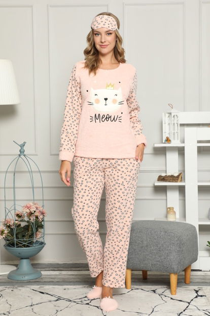 Somon Kedi Desenli Kadın Peluş Pijama Takımı - 2