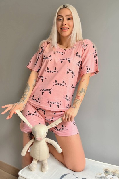Somon Kedi Kulağı Baskılı Şortlu Kadın Pijama Takımı - 1