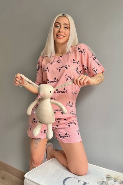 Somon Kedi Kulağı Baskılı Şortlu Kadın Pijama Takımı - 2
