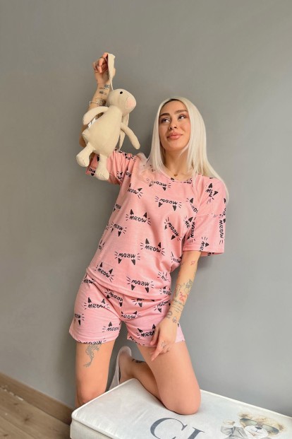 Somon Kedi Kulağı Baskılı Şortlu Kadın Pijama Takımı - 3
