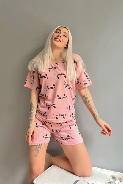 Somon Kedi Kulağı Baskılı Şortlu Kadın Pijama Takımı - 4
