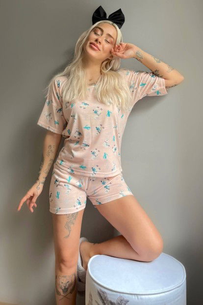 Somon Lama Baskılı Şortlu Kadın Pijama Takımı - 1