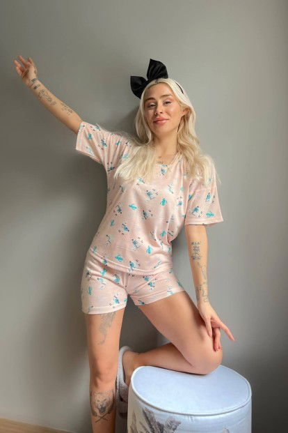 Somon Lama Baskılı Şortlu Kadın Pijama Takımı - 2