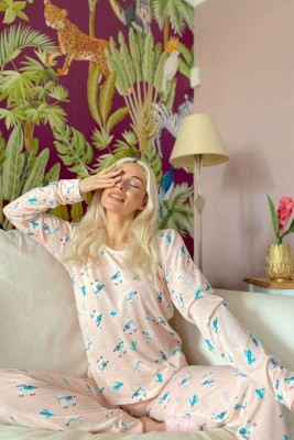 Somon Lama Baskılı Uzun Kol Kadın Pijama Takımı - 3