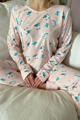 Somon Lama Baskılı Uzun Kol Kadın Pijama Takımı - 5